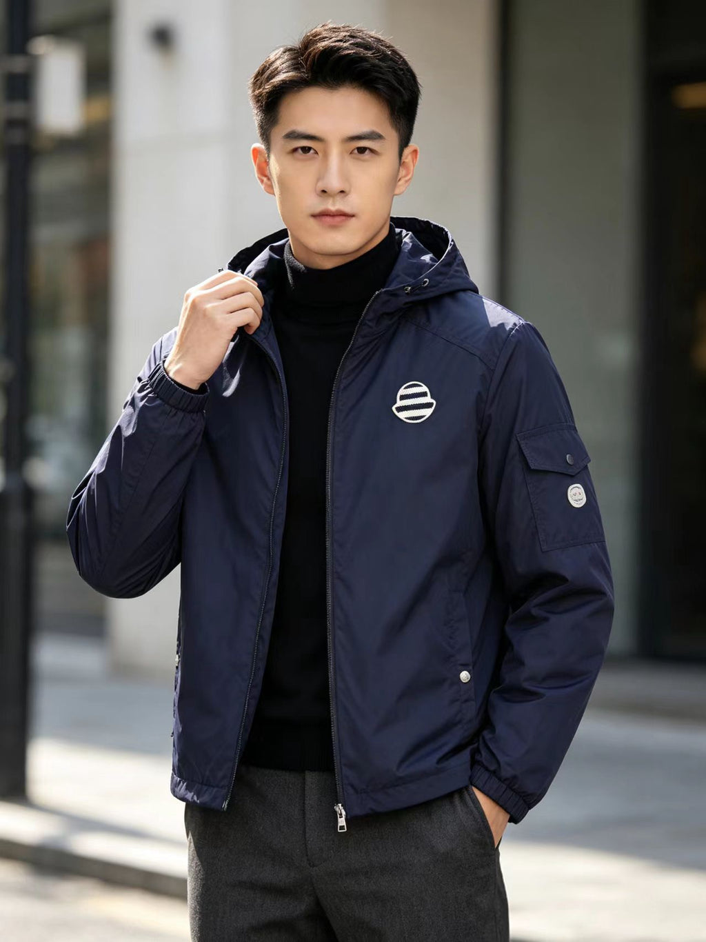 Moncler Men's Hooded Embroidered Lightweight Jacket - Navy - view 12