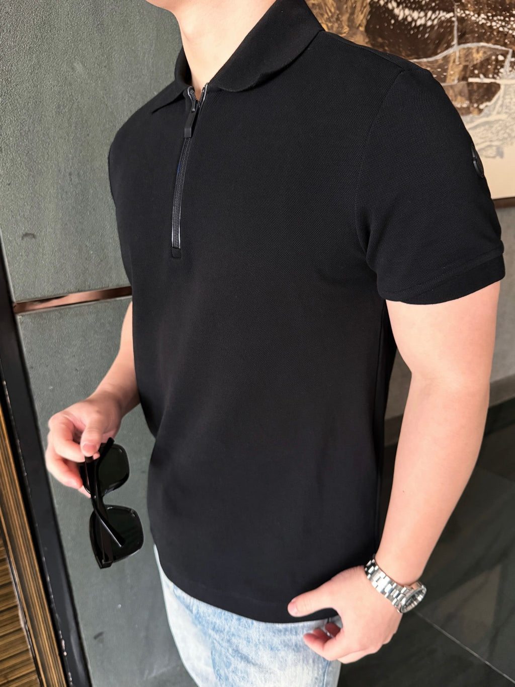 Moncler Zip-Up Embroidered Polo Shirt - Black - view 18