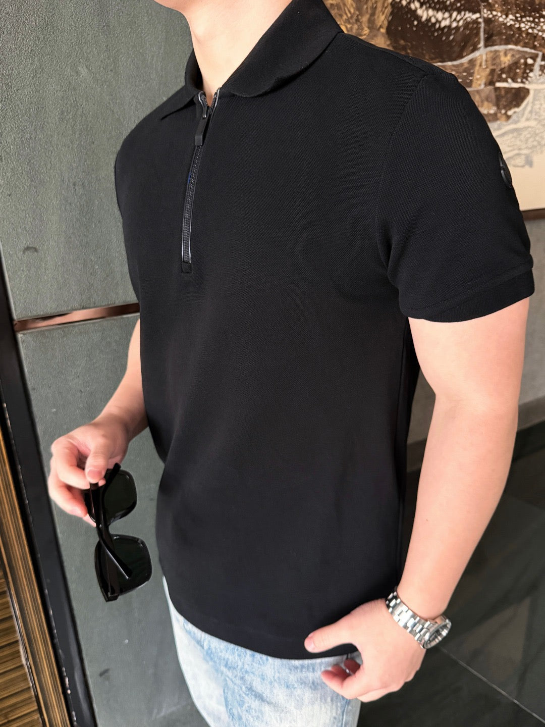 Moncler Zip-Up Embroidered Polo Shirt - Black - view 18